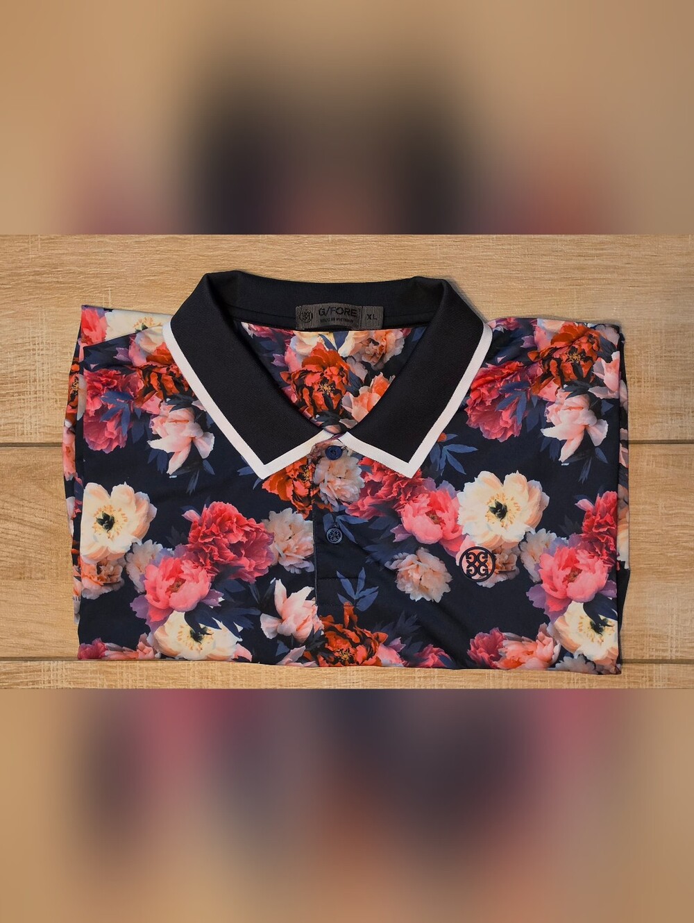 G/FORE Golf Polo Shirt Mens XL Blur Floral Stretch Short Sleeve Navy Twilight